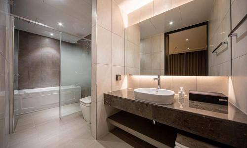 浦项Pohang Hotel Noblion的一间带水槽、卫生间和镜子的浴室