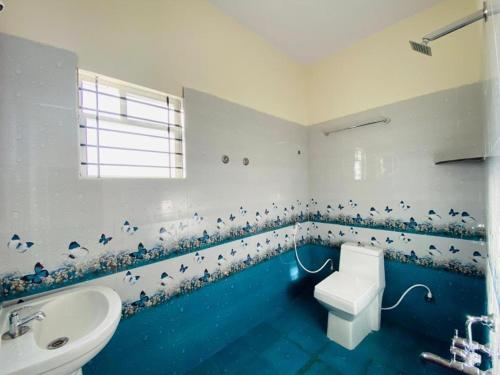 马迪凯里MISTY COORG GREENS的浴室设有卫生间、水槽和墙上的鸟类。