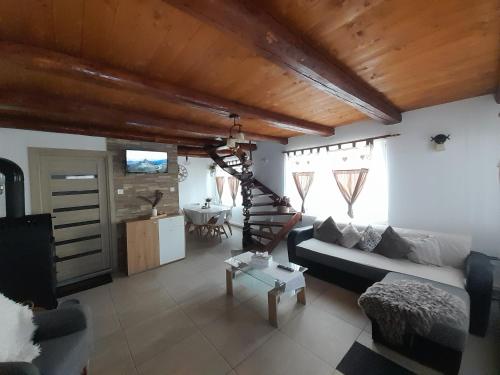 Sîntimbru-BăiAndilak vendégház的带沙发和木制天花板的客厅