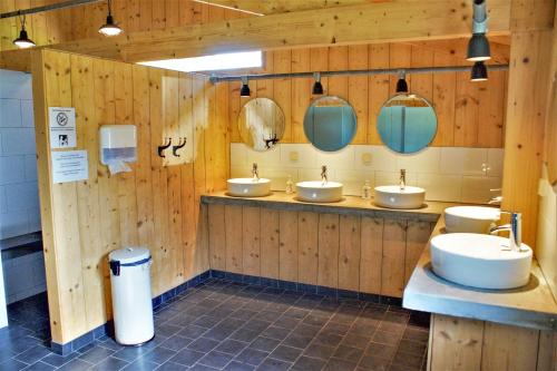 ScherpenisseCamping Gorishoek的浴室设有3个水槽和3面镜子