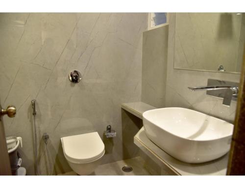 那格浦尔Hotel Dwarka, Nagpur的浴室配有白色水槽和卫生间。