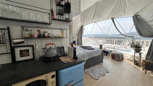 Dorna CîndrenilorDorna Iglu Luxury Glamping Resort的一间卧室设有一张床和一个大窗户