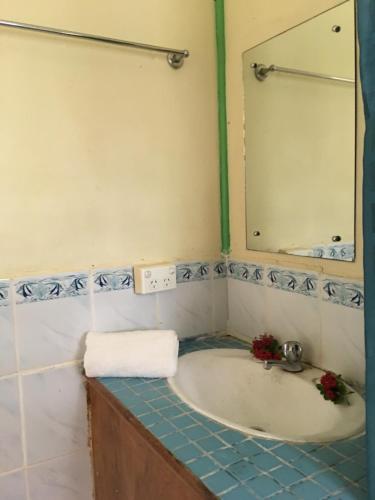 Wayasewa IslandWaya Lailai Eco Haven的浴室配有带镜子和水槽的浴缸