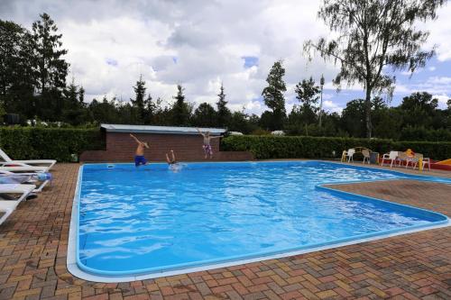 吕洛Camping de Meibeek的两个孩子在蓝色的大游泳池玩耍