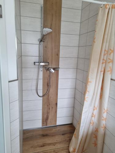 罗斯托克Ferienhaus Bojenweg的带淋浴和浴帘的浴室