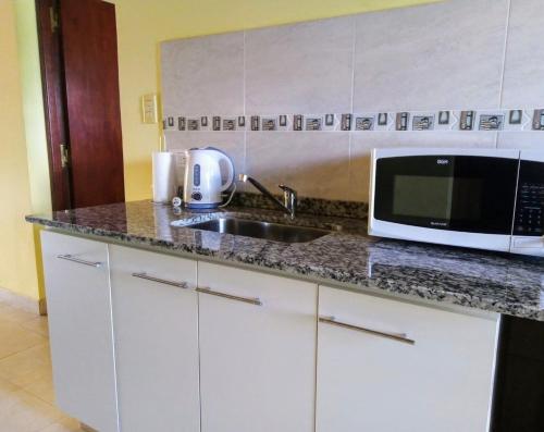 萨尔塔Lo de Chavela的厨房配有水槽和微波炉