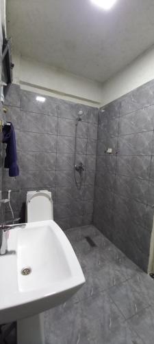 亚的斯亚贝巴G&19 Apartment的带淋浴和白色盥洗盆的浴室