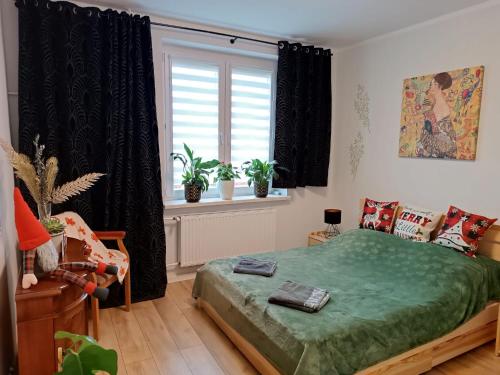 扎维尔切Apartament Gustav的一间卧室设有一张绿色的床和一个窗户。