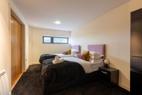 杜伦Durham City Luxury Apartment的一间卧室设有两张床和窗户。