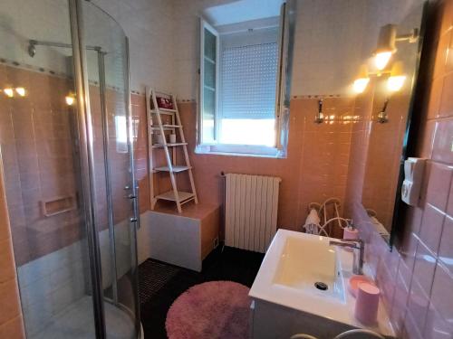 Caumont克洛斯弗勒里度假屋的带淋浴、盥洗盆和镜子的浴室