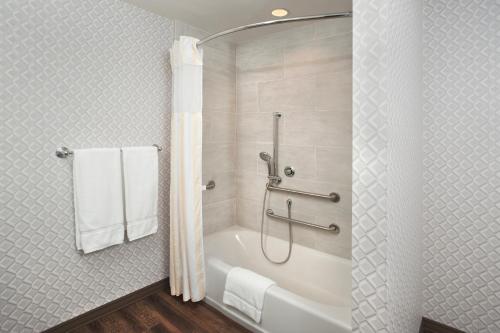 伯班克Hilton Garden Inn Burbank Downtown的浴室配有浴缸、淋浴和毛巾。