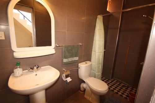 马拉喀什El Boussouni Hostel的一间带水槽、卫生间和镜子的浴室