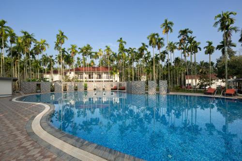 希莫加Malnad Shire Eco Resort的度假村内棕榈树游泳池