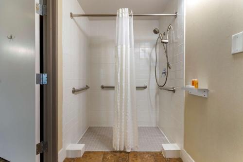 奥斯汀Aiden by Best Western Austin City Hotel的浴室内配有淋浴帘。