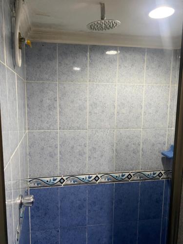 麦德林Hostel Kumho Home的浴室设有蓝色瓷砖淋浴。