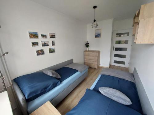 莱斯科Odpocznij w Lesku的卧室设有两张床铺,配有蓝色床单