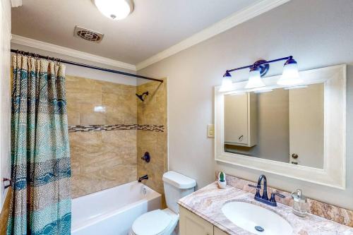 韦科New Cozy Home 10 Min to Magnolia and Baylor的一间带水槽、卫生间和镜子的浴室