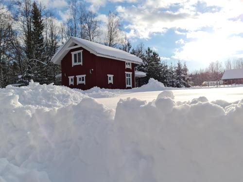IkšķileToma pirts BRĪVDIENU的红谷仓前的一堆积雪