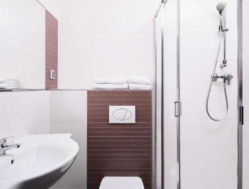 罗兹伊塞斯酒店的带淋浴、卫生间和盥洗盆的浴室