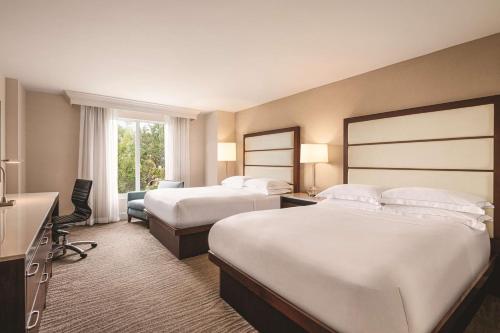 那不勒斯拿坡里希尔顿酒店的酒店客房配有两张床和一张书桌