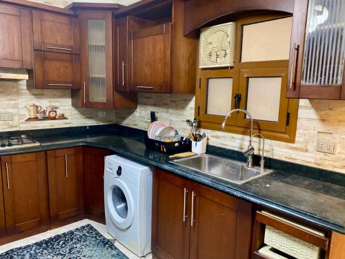 开罗Cozy 3BR Apartment in Maadi的厨房配有水槽和洗衣机
