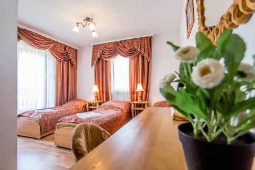 扎科帕内莫德泽维阿米酒店的客厅配有大木桌