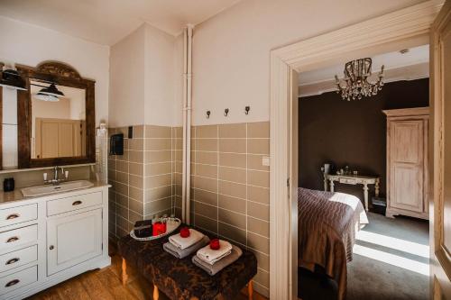 赫尔B&B Roosendaelhof的带淋浴、盥洗盆和镜子的浴室
