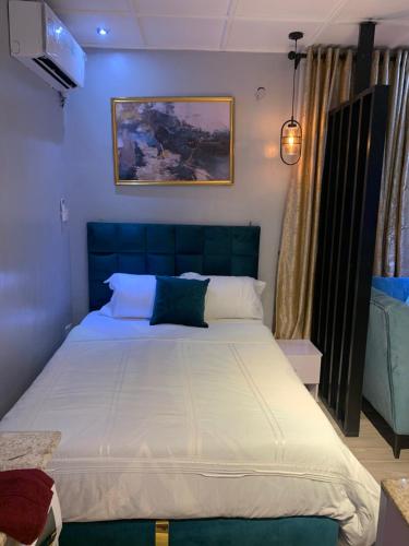 拉各斯Teal Snug Open-Plan Studio Unit in Lekki Phase 1-Netflix, Wi-Fi, 24-7 Light, Washer, Kitchen的一间卧室配有一张带白色床单的大床