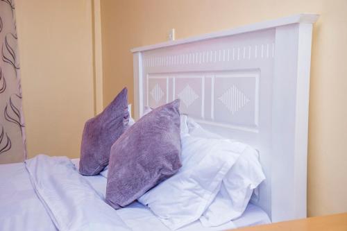 马查科斯Elnara Suites的床上有两张紫色枕头