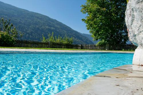 万多耶斯Residence Obermoarhof - comfortable apartments for families, swimmingpool, playing-grounds, Almencard的 ⁇ 旁的蓝色水池
