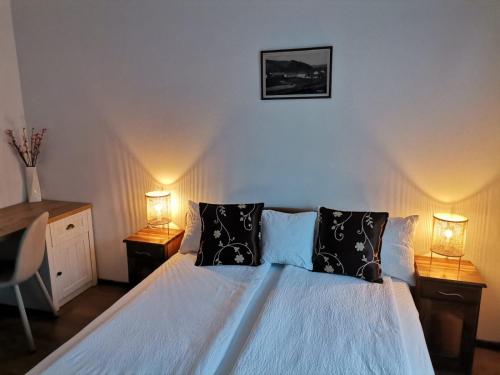 普拉伊德Dió vendégház的一间卧室配有一张带两盏灯的床。