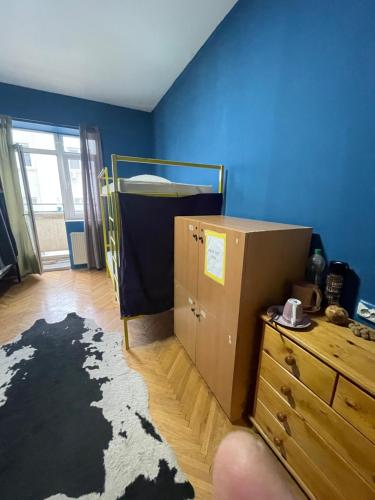 普里什蒂纳NEWBORN CENTER hostel的一间设有床铺、梳妆台和蓝色墙壁的房间