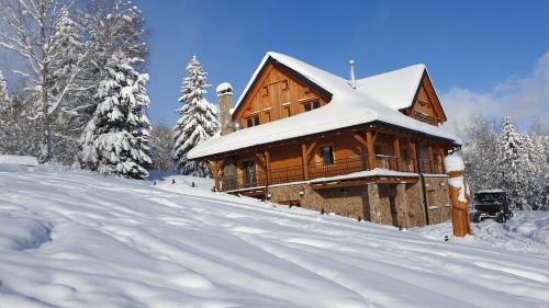 派克波特斯耐兹库Penzion Srub Panorama的雪中木屋,有雪覆盖的树木