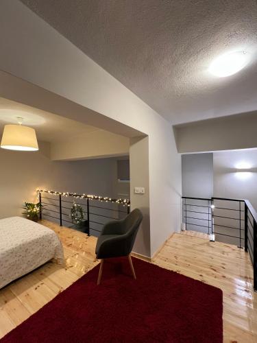 特里卡拉Celeste Loft的一间卧室配有一张床、一把椅子和红色地毯