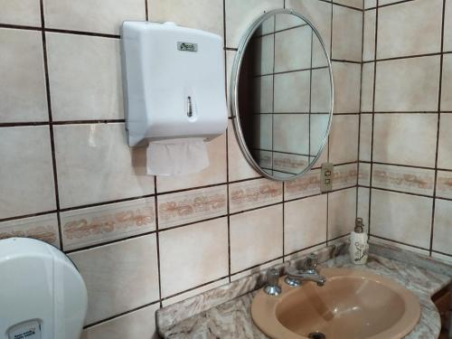 弗洛里亚诺波利斯Santa Catarina Hostel的一间带水槽、镜子和卫生间的浴室