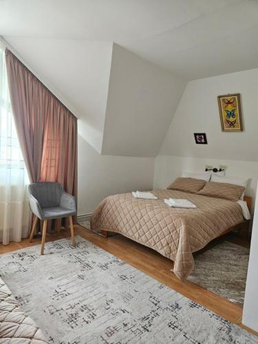 索瓦塔Casă de vacanță Chalet le Cristal的一间卧室设有两张床、一把椅子和一个窗户。