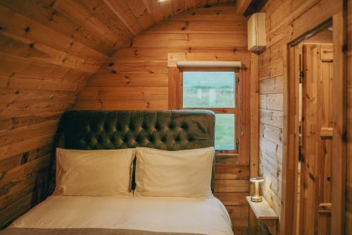 巴利卡斯尔Ceide Glamping的配有窗户的小木屋内的一张床位