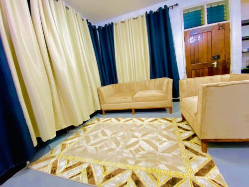 坦噶Drew Apartment Tanga的客厅配有两把椅子和地毯。
