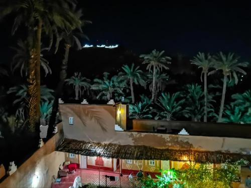 扎古拉Riad Dar Zaouia的棕榈树的度假村夜间空中景色