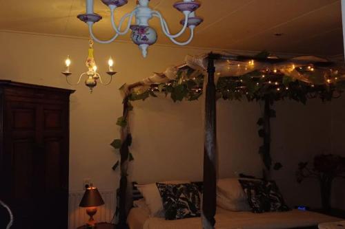 莱顿number 8的一间卧室配有带圣诞灯的天蓬床
