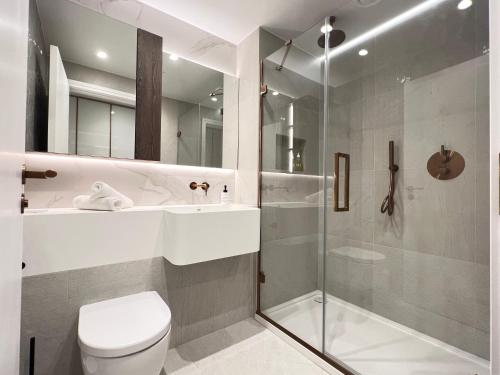 伦敦2 Bedroom Modern Family Flat-Apartment Fulham London的一间带卫生间和淋浴的浴室