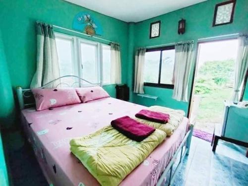 Ban Khao Ya Nuaหมอกอิงธาร รีสอร์ท เขาค้อ的一间卧室设有一张带绿色墙壁和窗户的床。