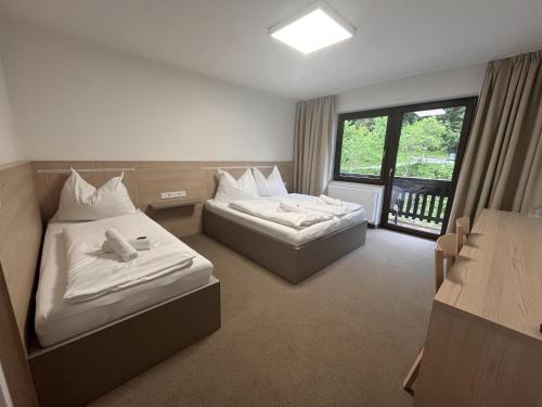 巴德加斯坦司徒奈霍夫旅馆的酒店客房设有两张床和窗户。