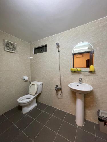 芹苴Khách sạn Nam Đô 2的一间带卫生间、水槽和镜子的浴室