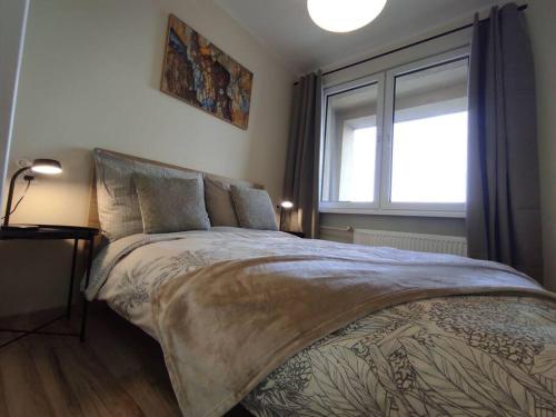 雷布尼克***Santorini Apartament*** - 40m² ✓的一间卧室设有一张大床和窗户