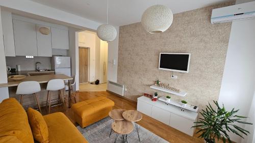 巴尼亚卢卡Apartman Filipović的带沙发的客厅和厨房