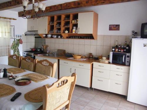 霍雷祖Pensiunea Casa Filoxenia的厨房配有桌子和冰箱