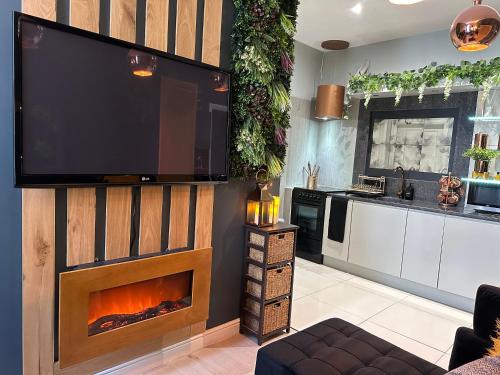 ElswickBotanica @ The.Villas.Newcastle的客厅设有壁炉和平面电视。