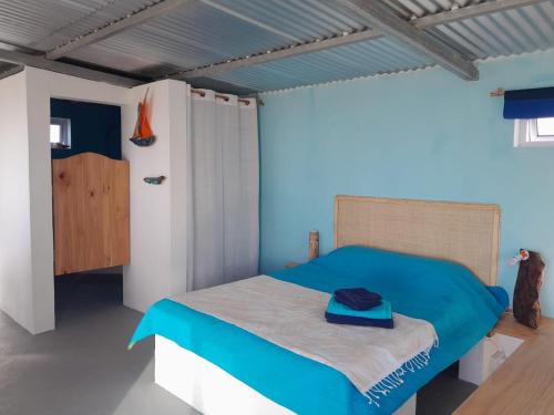 Rodrigues IslandBlue View Terrace的一间卧室配有一张带蓝色棉被的床