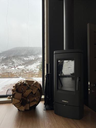 斯拉夫西克Mirest - котедж в горах із чаном-джакузі的窗户房间里电视和碗